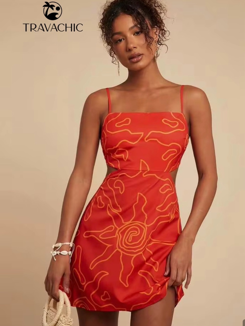 SHEIN Red Asymmetrical Spaghetti-Strap Dress with Yellow Print